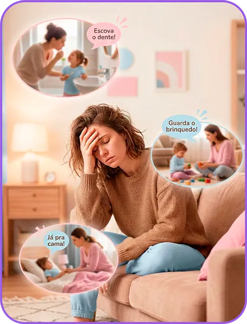 Mãe cansada no sofá enquanto os filhos ignoram os pedidos